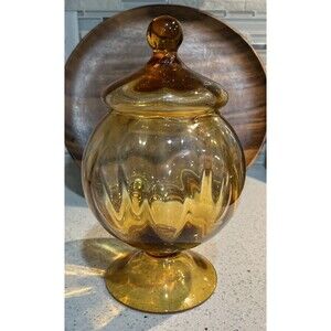 Vintage Empoli Italian Glass Apothecary Jar Circus Tent Top Lid Amber MCM